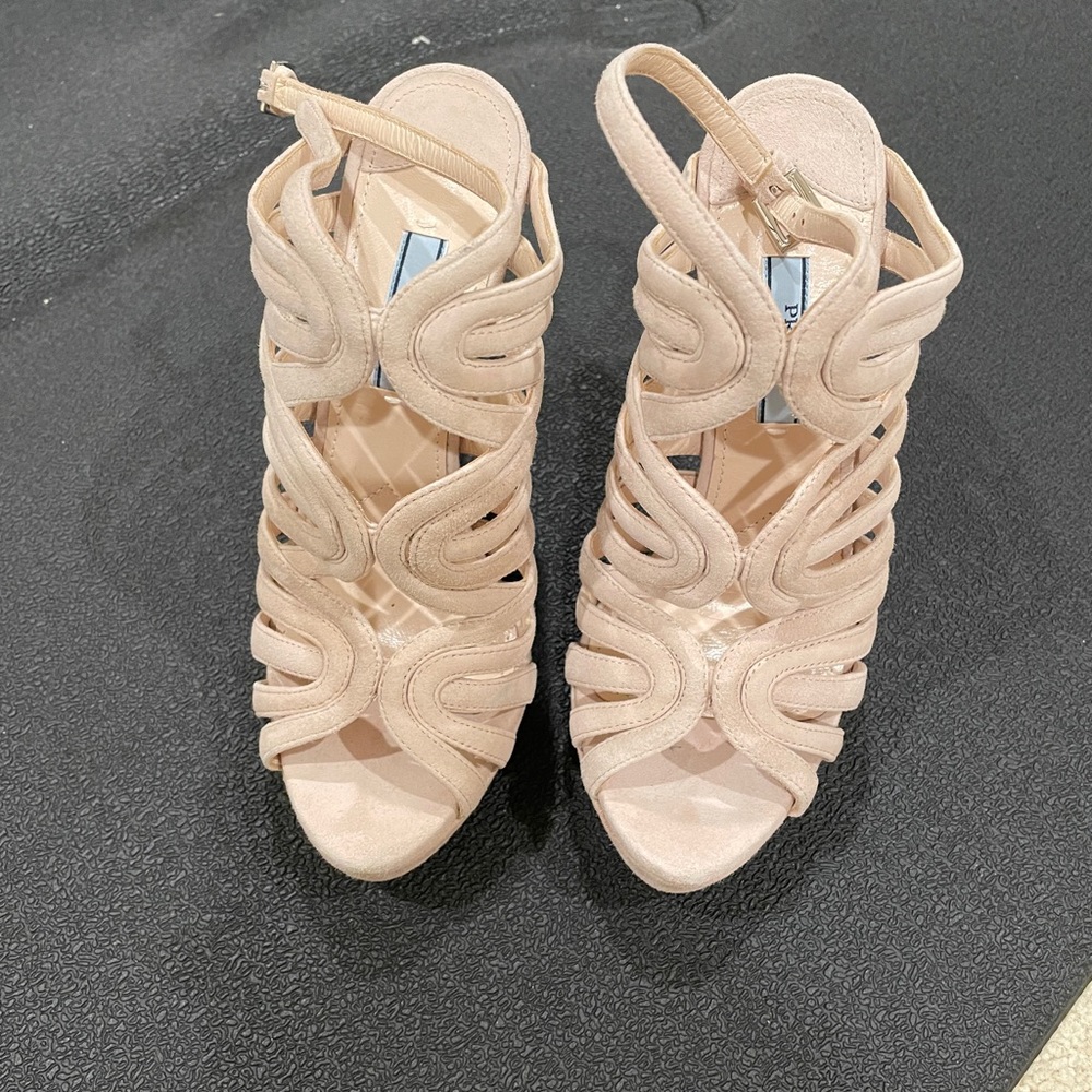 Prada- blush suede heeled sandals